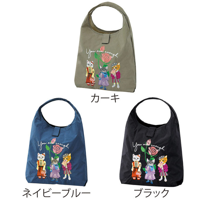 ポータブル刺繍マルシェバッグ（ポケット付き）（ネコ）