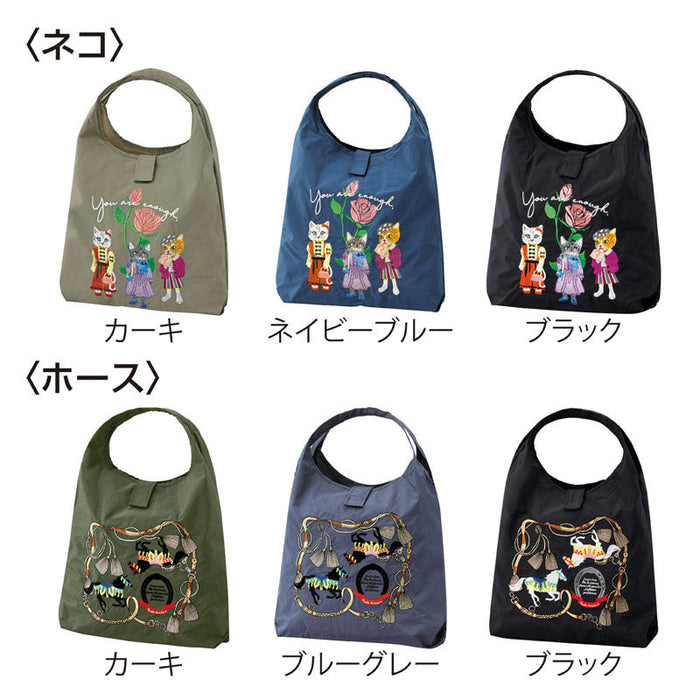 ポータブル刺繍マルシェバッグ（ポケット付き）（ネコ）